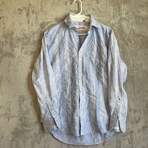 Robert Graham Men's Sz M Blue Striped Floral Print Flip Cuff Shirt Long Sleeve